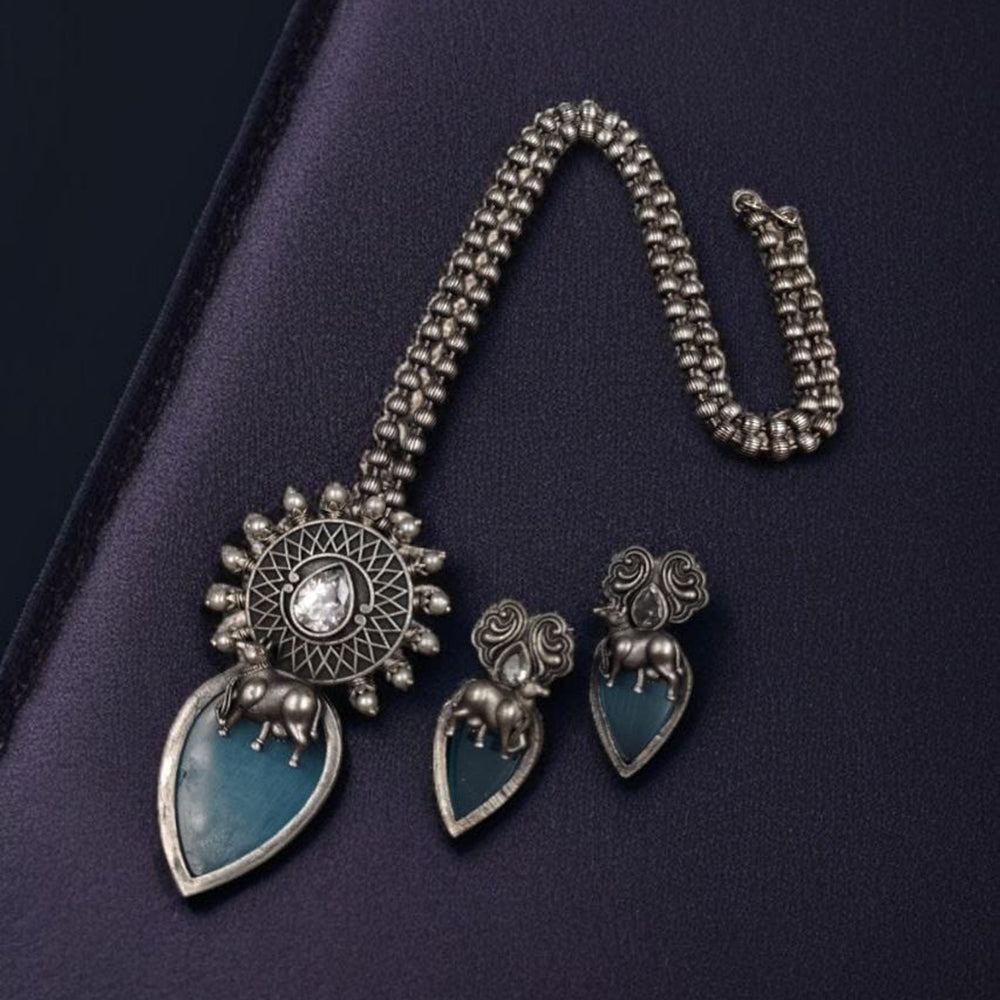 Maharani Jewels Oxidised Plated Pota Stone And Pearls Long Necklace Set