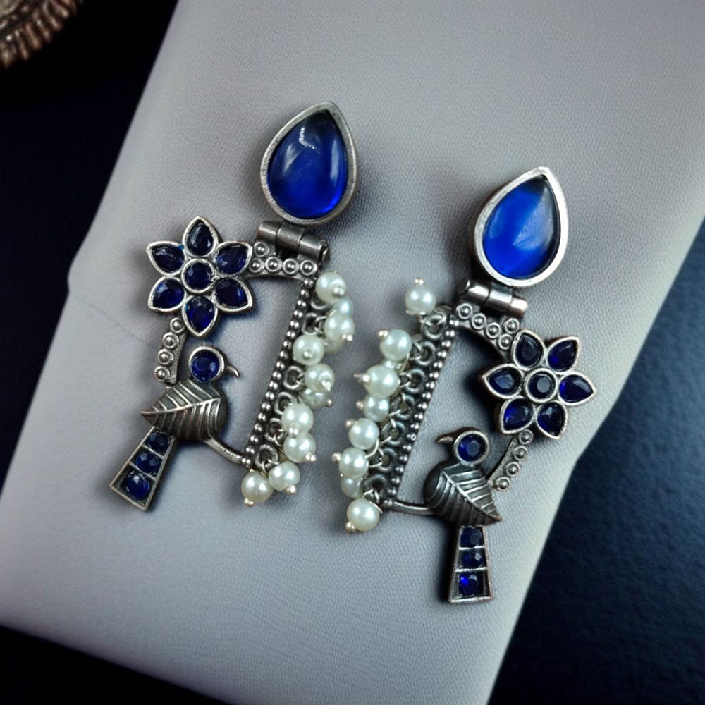 Maharani Jewels Oxidised Plated Pota Stone And Pearls Dangler Earrings
