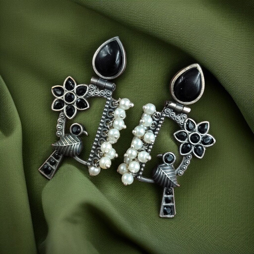 Maharani Jewels Oxidised Plated Pota Stone And Pearls Dangler Earrings