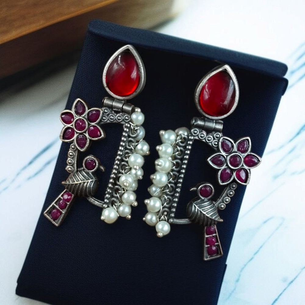 Maharani Jewels Oxidised Plated Pota Stone And Pearls Dangler Earrings