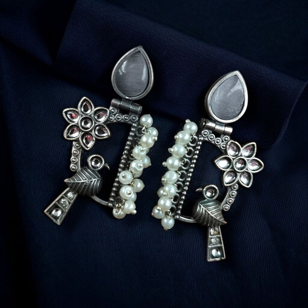Maharani Jewels Oxidised Plated Pota Stone And Pearls Dangler Earrings