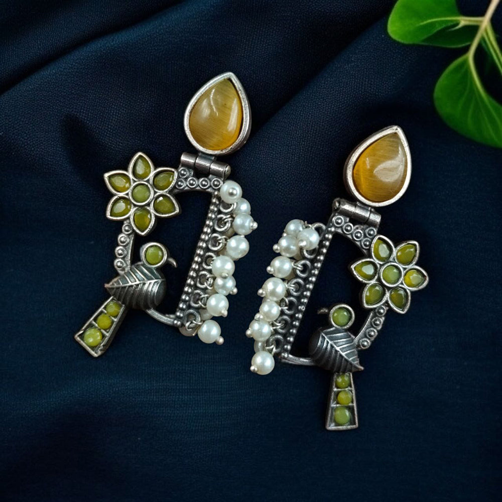 Maharani Jewels Oxidised Plated Pota Stone And Pearls Dangler Earrings
