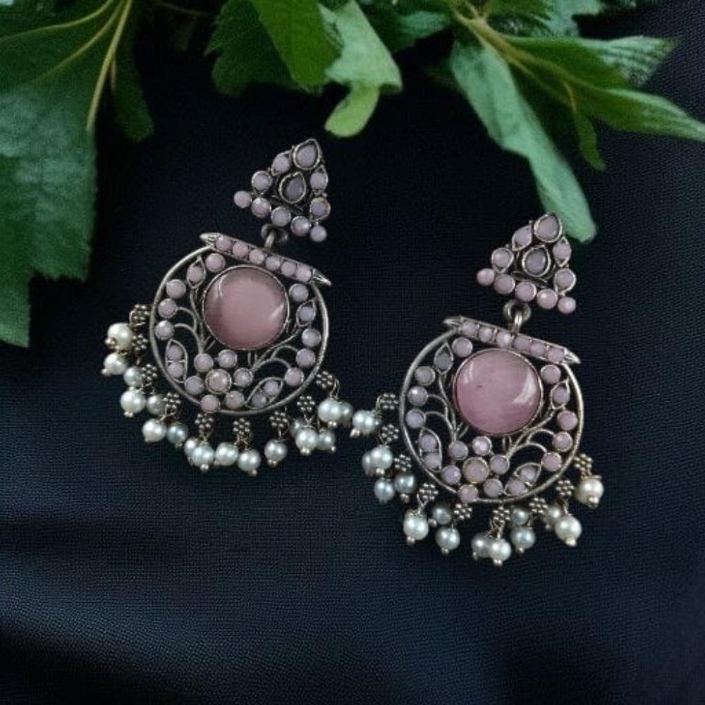 Maharani Jewels Oxidised Plated Pota Stone And Pearls Dangler Earrings