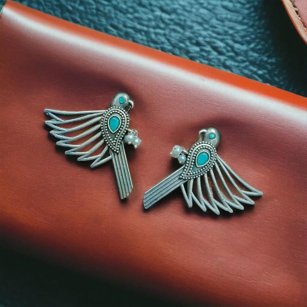 Maharani Jewels Inspired Oxidised Plated Pota & Pearl Detailing Bird Dangler Earrings