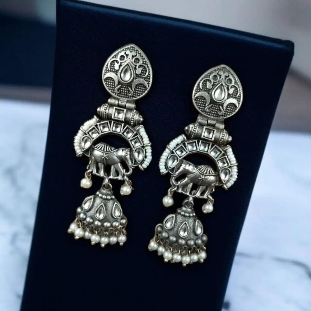 Maharani Jewels Inspired Oxidised Plated Pota & Pearl Detailing Jhumki Earrings