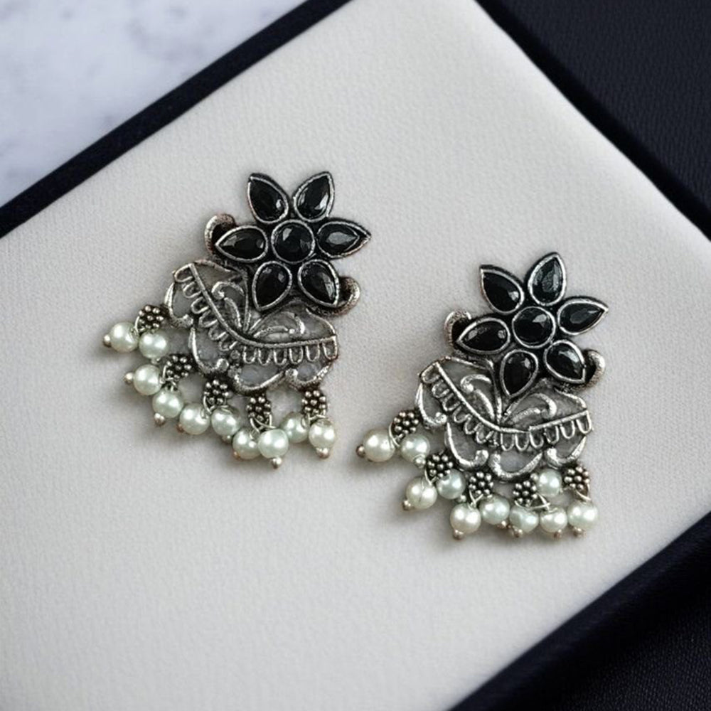 Maharani Jewels Oxidised Plated Pota Stone And Pearl Dangler Earrings