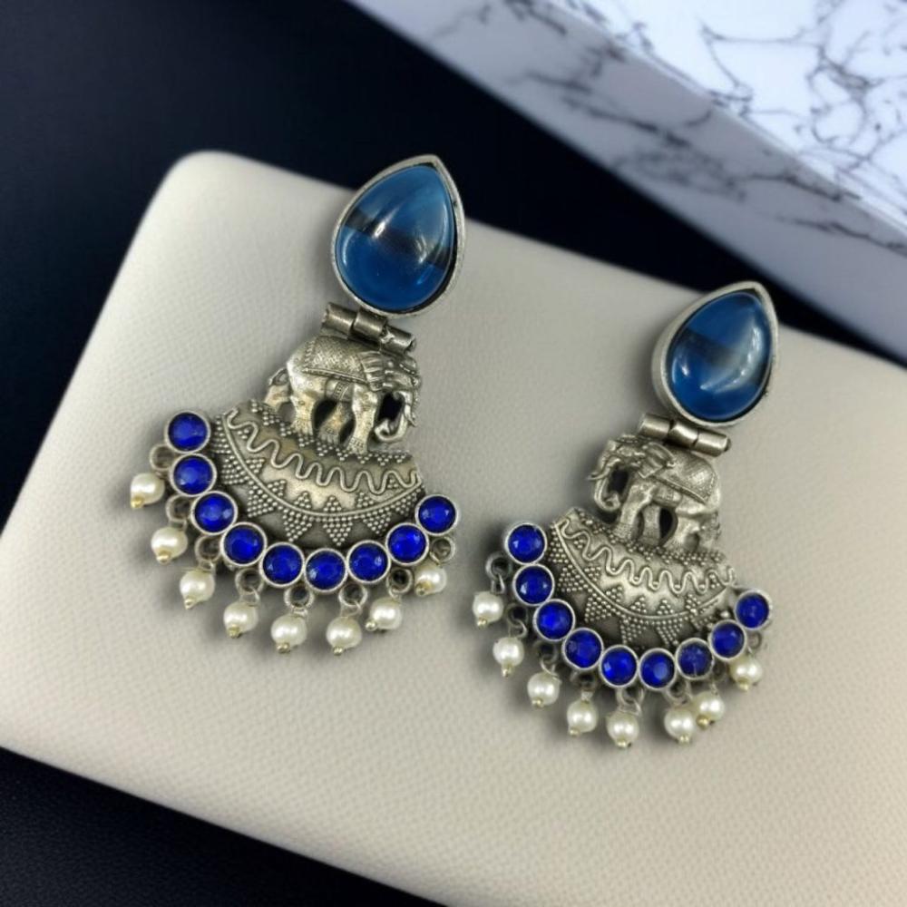 Maharani Jewels Oxidised Plated with Radiant Pota Stones and Elegant Pearls Dangler Earrings