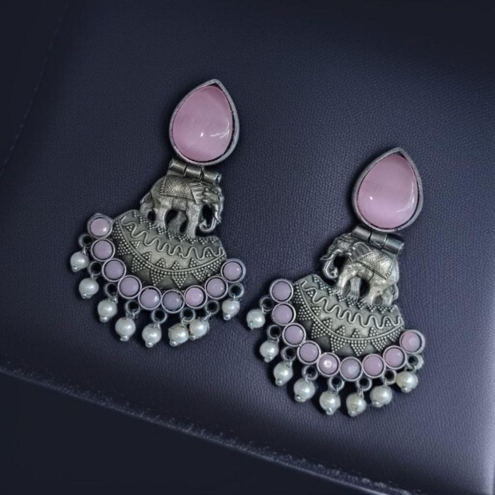 Maharani Jewels Oxidised Plated with Radiant Pota Stones and Elegant Pearls Dangler Earrings