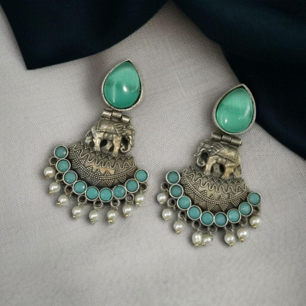Maharani Jewels Oxidised Plated with Radiant Pota Stones and Elegant Pearls Dangler Earrings