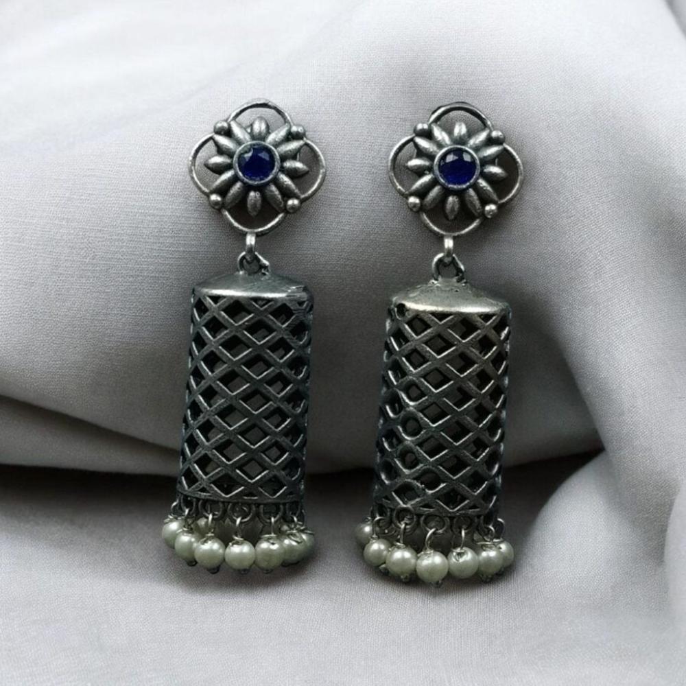 Maharani Jewels Ethnic Oxidized Plated Pota Stone And Pearl Jhumki Earrings