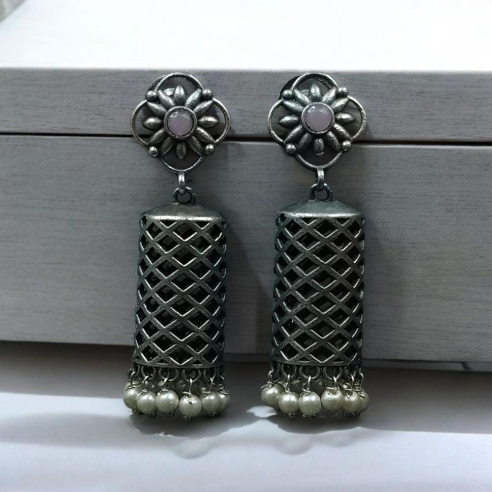 Maharani Jewels Ethnic Oxidized Plated Pota Stone And Pearl Jhumki Earrings