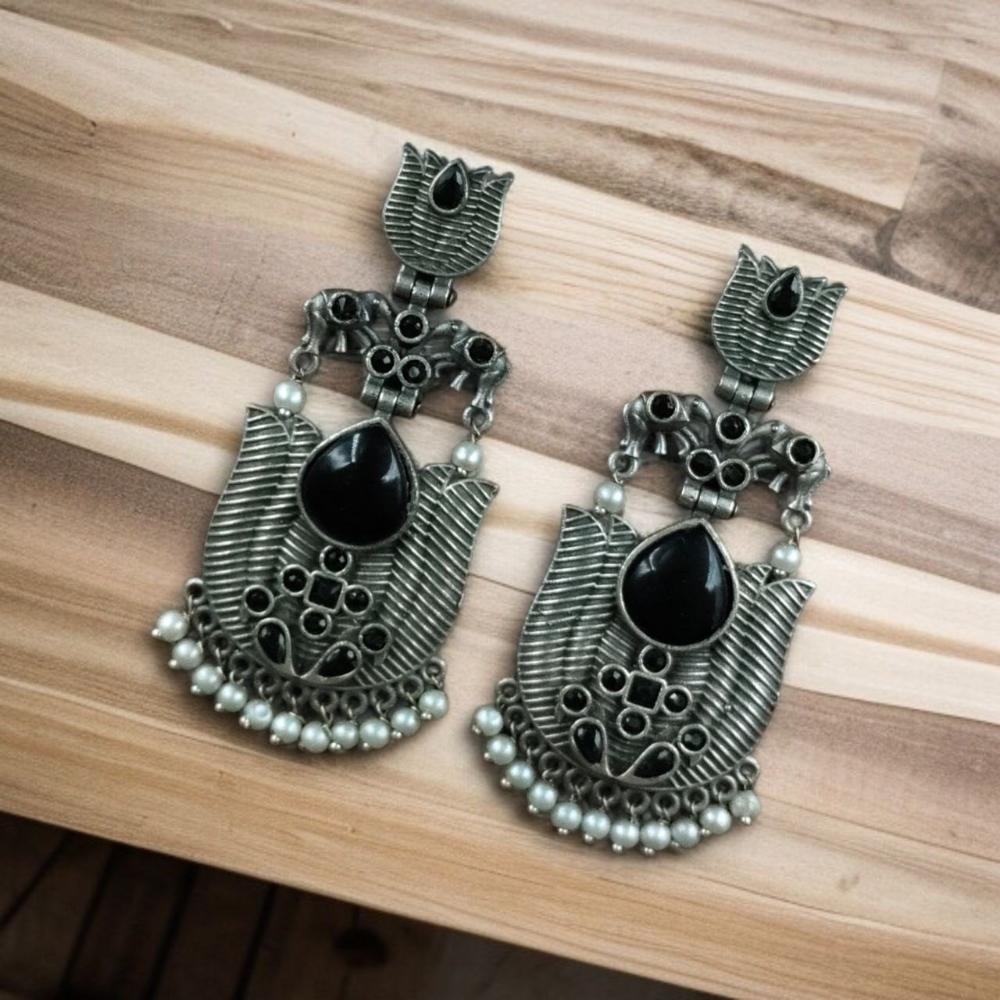 Maharani Jewels Ethnic Oxidized Plated Pota Stone And Pearl Jhumki Earrings