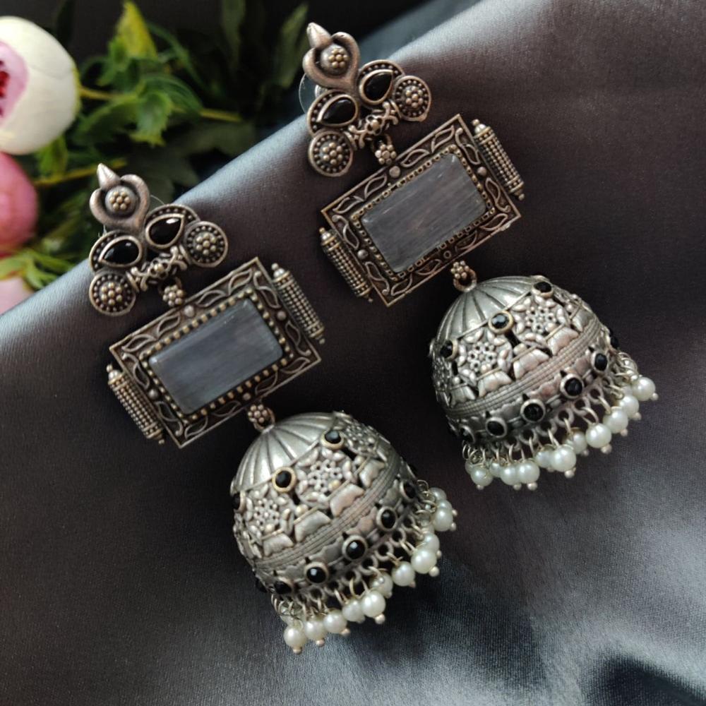 Maharani Jewels Oxidized Plated Pota Stone And Pearl Jhumki Earrings