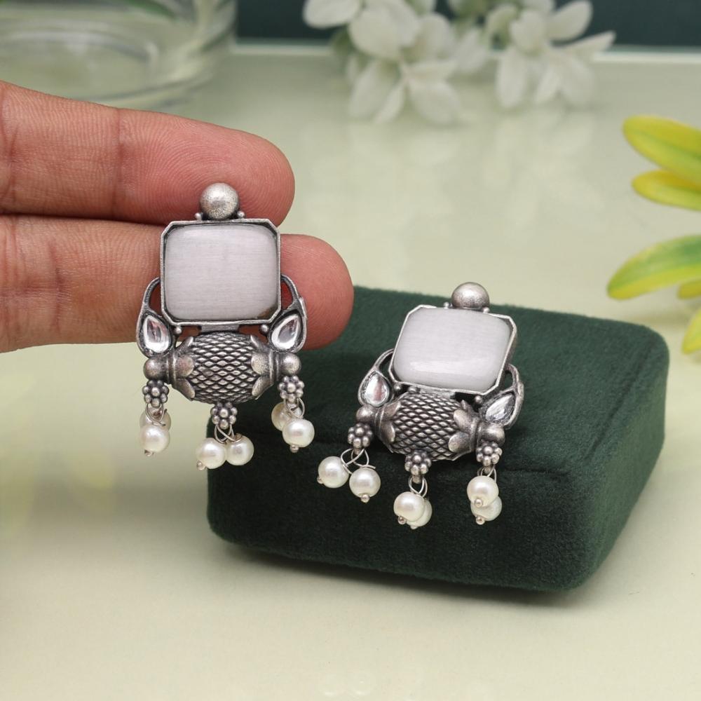 Maharani Jewels Oxidized Plated Pota Stone And Pearl Dangler Earrings (Assorted Color)