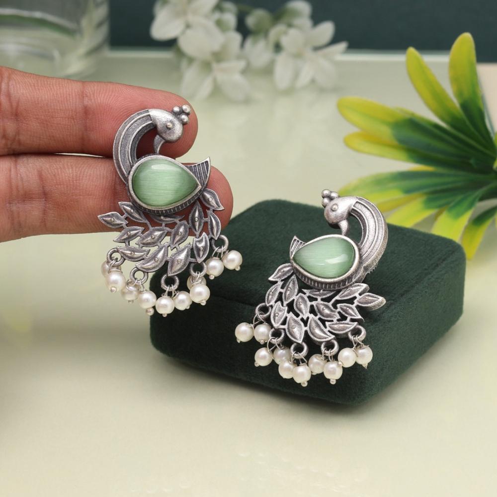 Maharani Jewels Oxidized Plated Pota Stone And Pearl Dangler Earrings (Assorted Color)