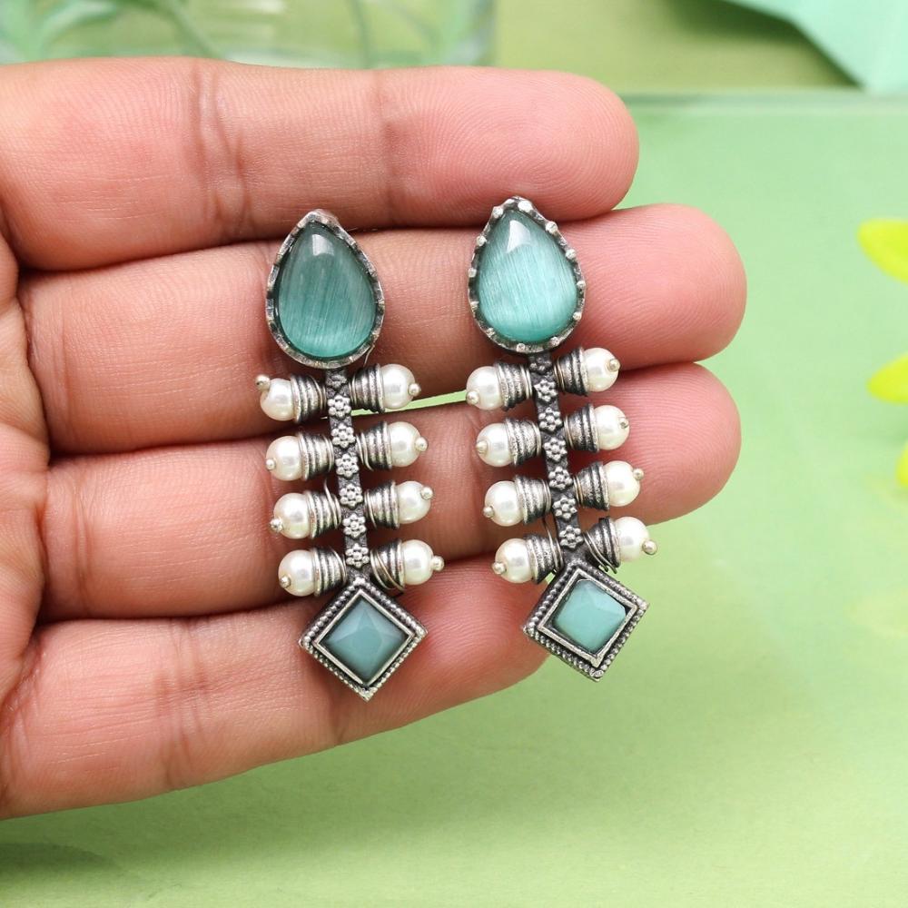 Maharani Oxidised Pota Stone And Pearls Dangler Earrings