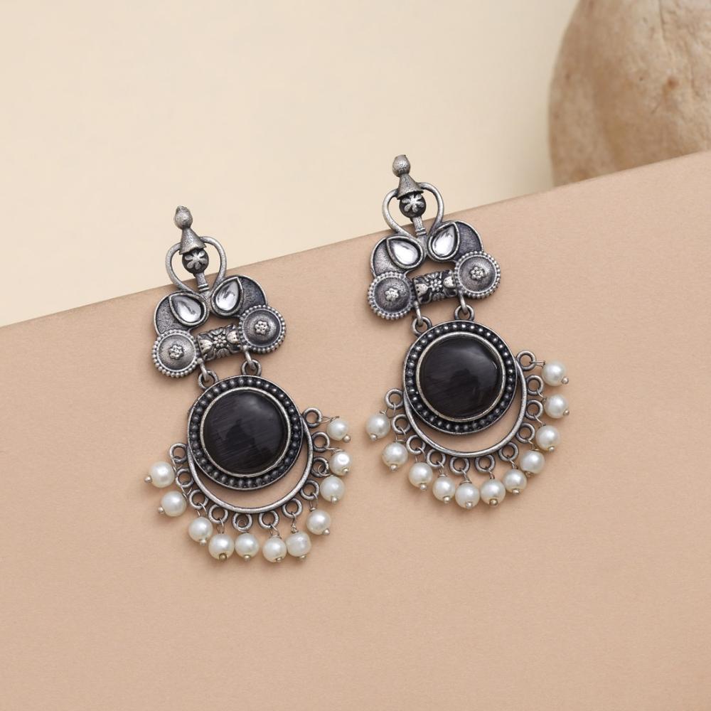 Maharani Oxidised Pota Stone And Pearls Dangler Earrings