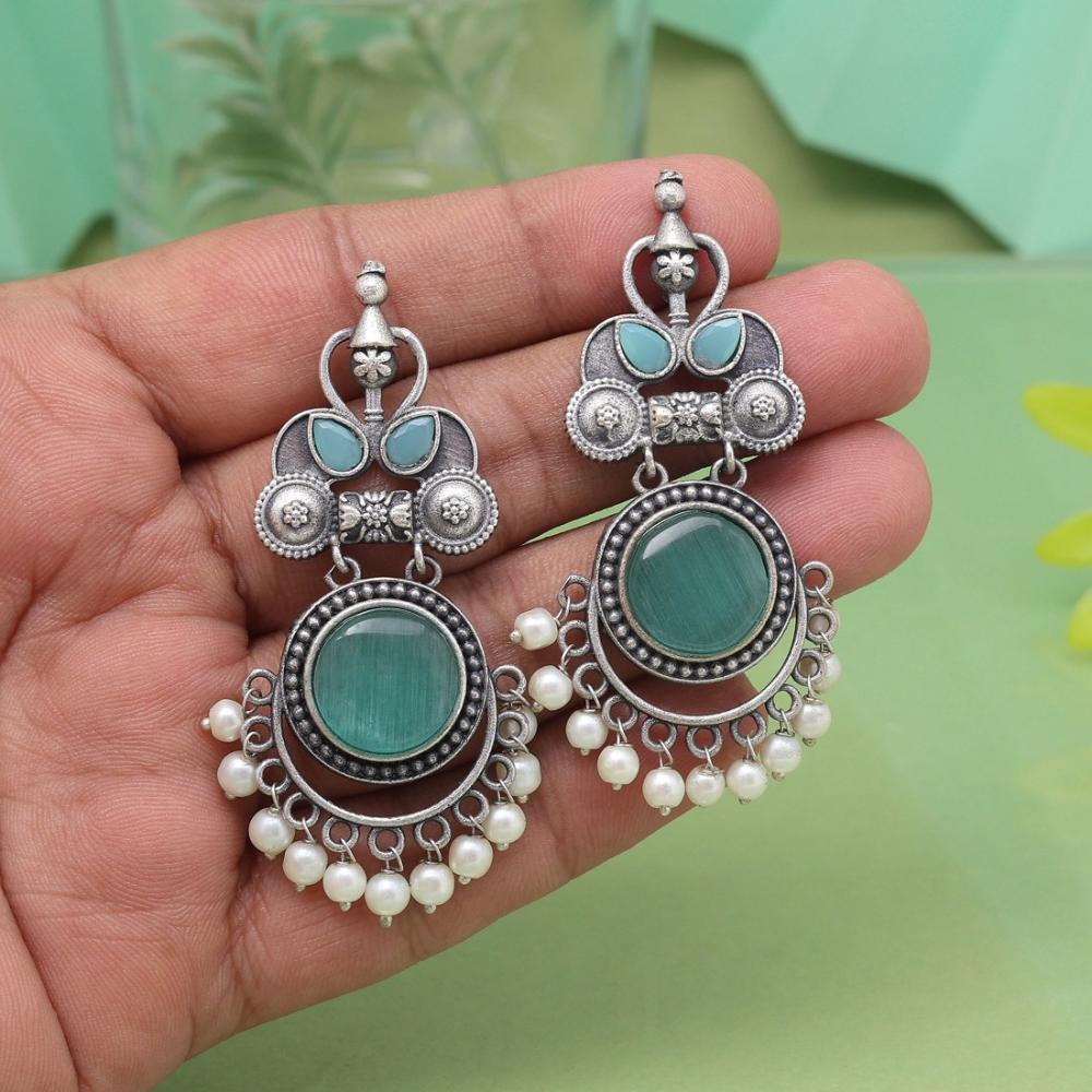 Maharani Oxidised Pota Stone And Pearls Dangler Earrings