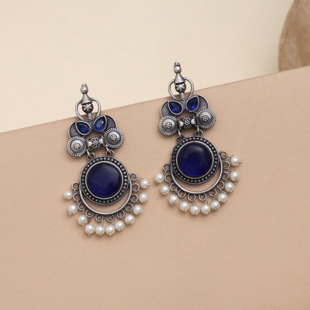 Maharani Oxidised Pota Stone And Pearls Dangler Earrings