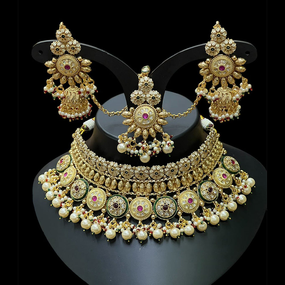 Maharani Jewels Pota Stone And Pearls Meenakari Choker Necklace Set