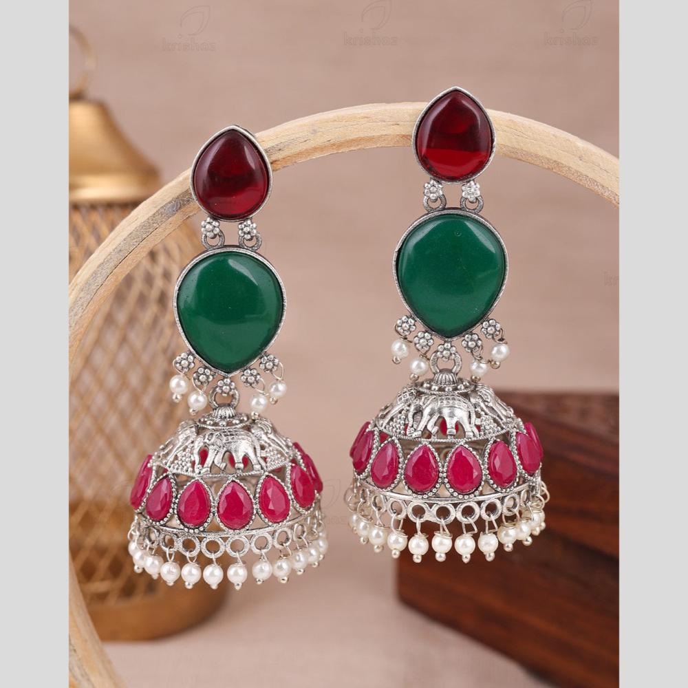 Maharani Jewels Oxidized Plated Pota Stone And Pearl Jhumki Earrings