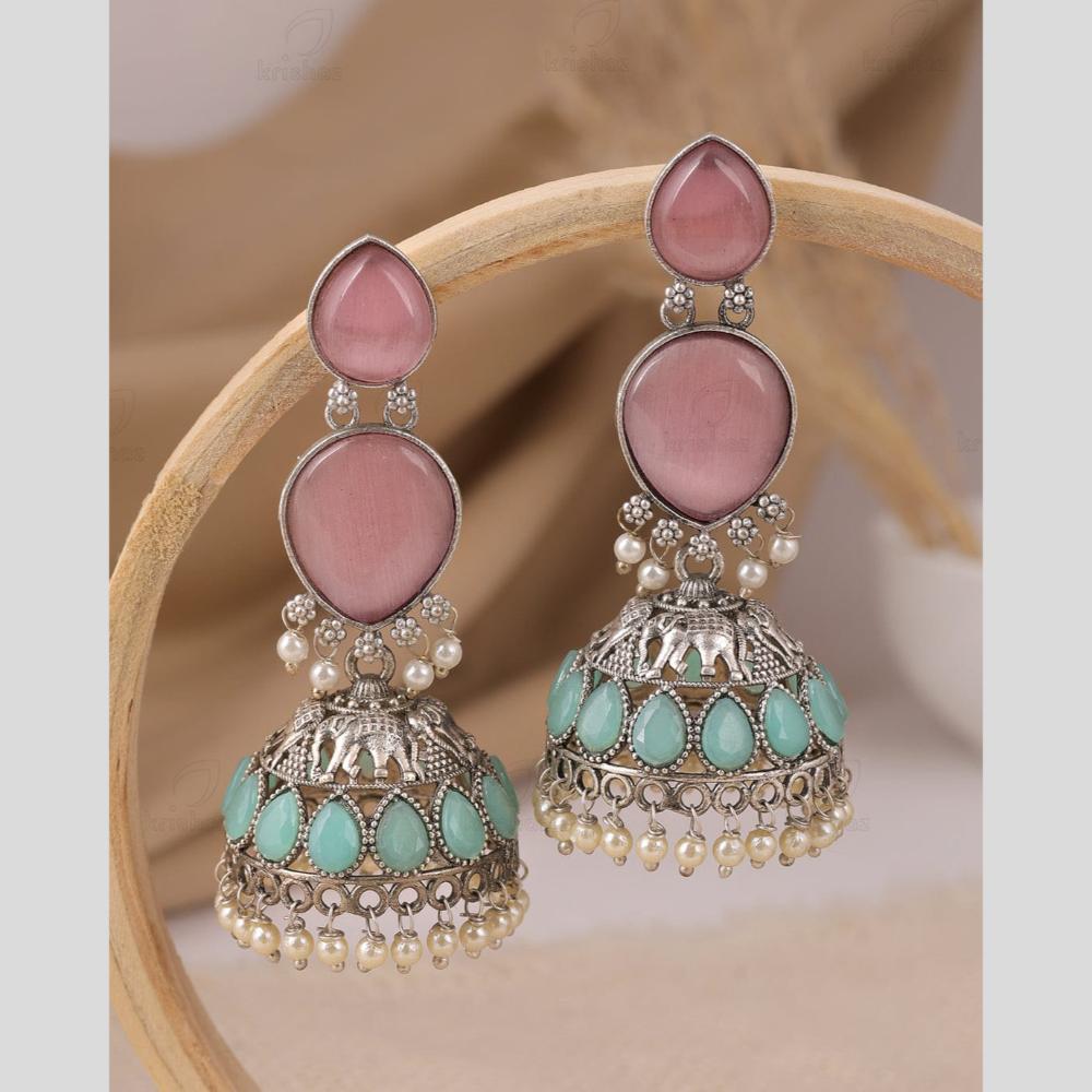 Maharani Jewels Oxidized Plated Pota Stone And Pearl Jhumki Earrings