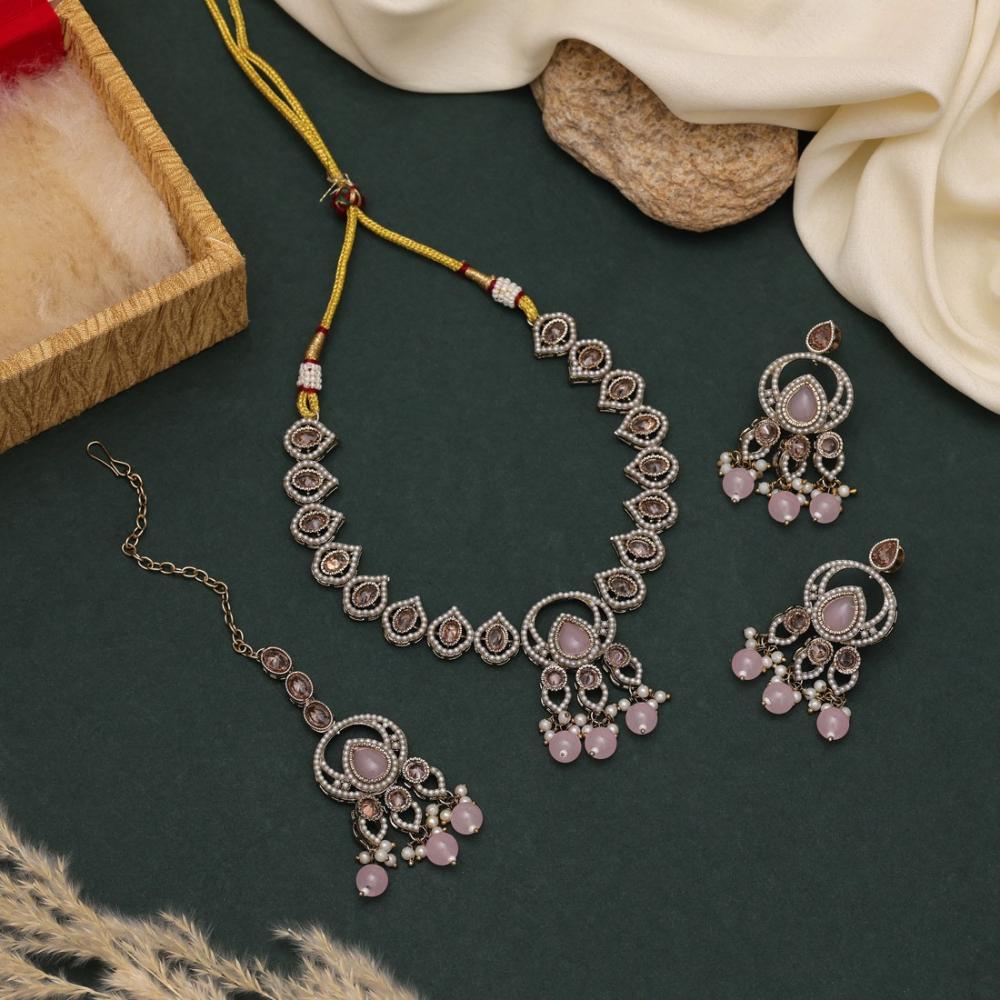 Maharani Jewels Pota Stone and Crystals With Pearl Drops Necklace Set