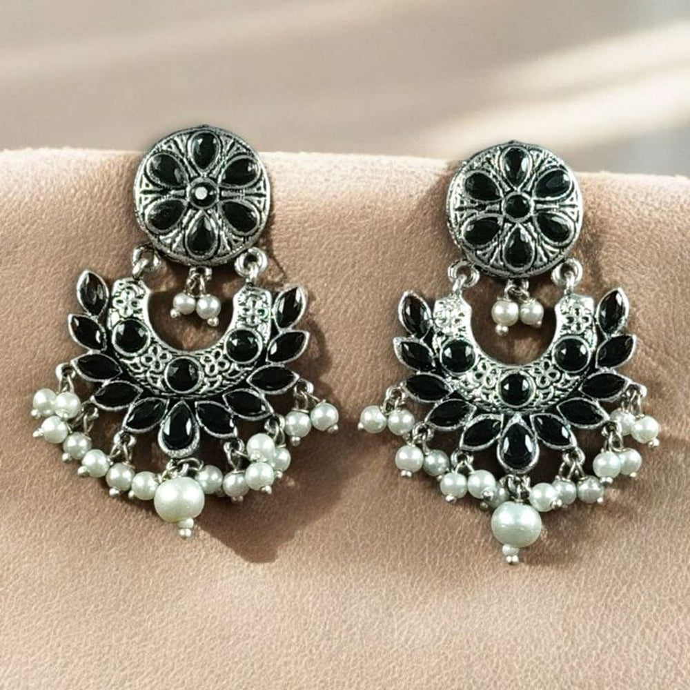 Maharani Jewels Stylish Oxidised Finish Pota Stone Dangler Earrings