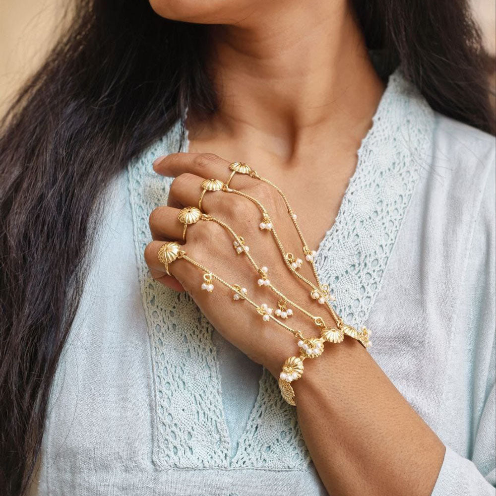 Maharani Jewels Floral Hand Chain With Pearl Hand Harness Accents