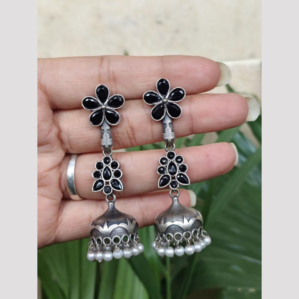 Maharani Jewels Oxidised Plated Ethnic Pota Stone And Pearl Jhumki Earrings