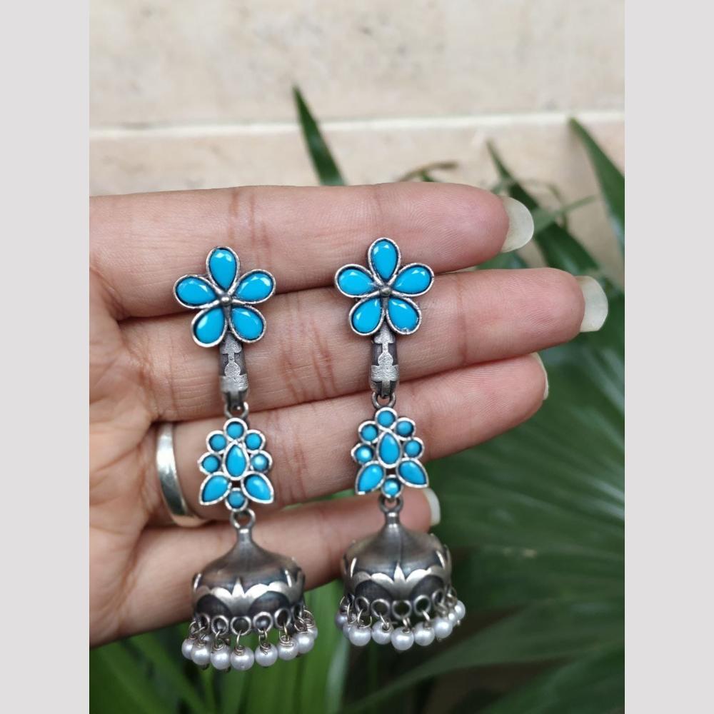 Maharani Jewels Oxidised Plated Ethnic Pota Stone And Pearl Jhumki Earrings
