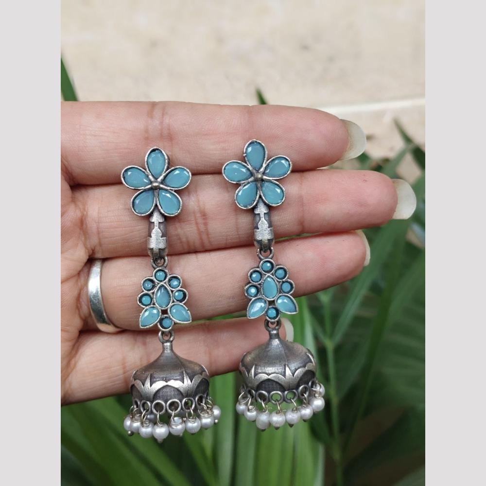 Maharani Jewels Oxidised Plated Ethnic Pota Stone And Pearl Jhumki Earrings