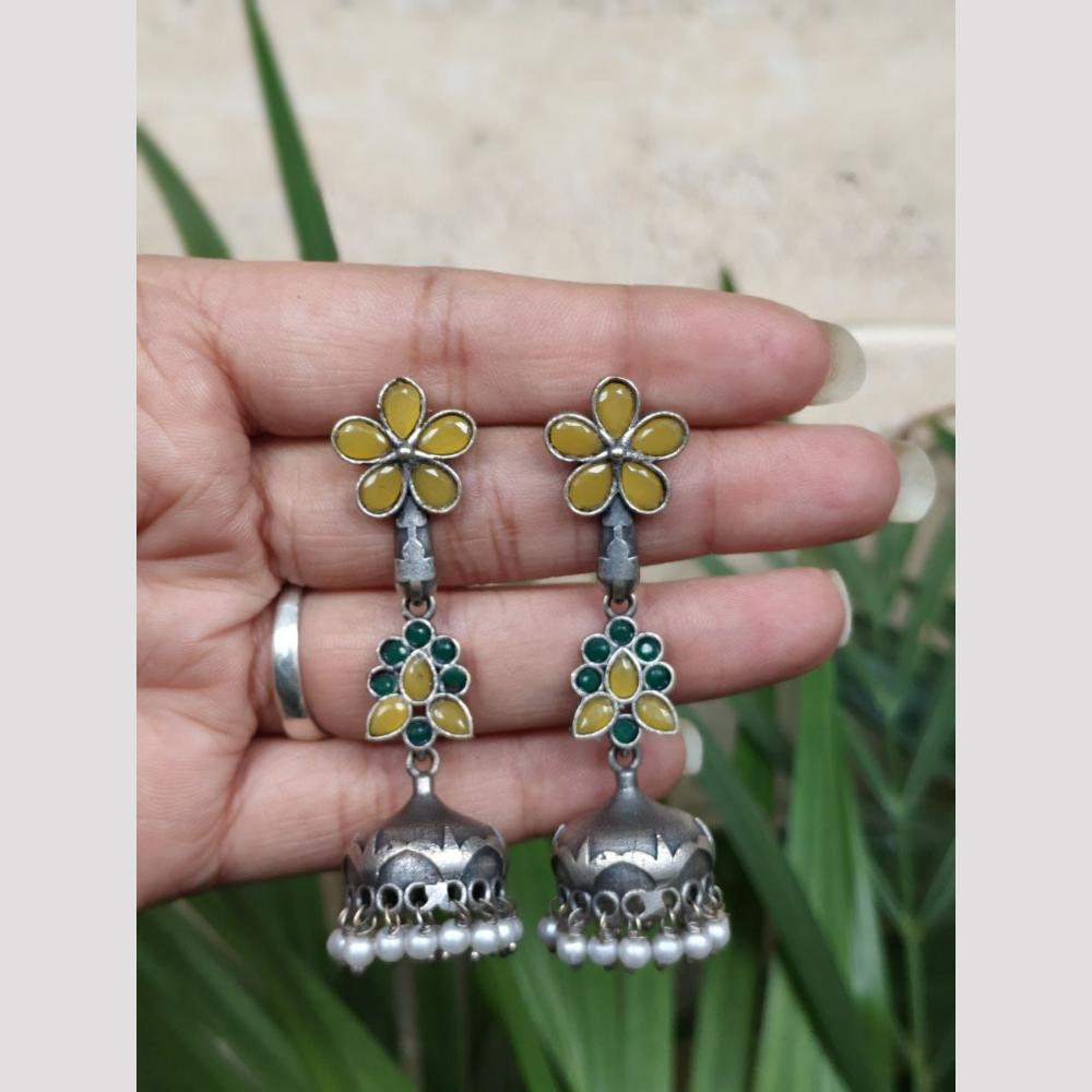 Maharani Jewels Oxidised Plated Ethnic Pota Stone And Pearl Jhumki Earrings