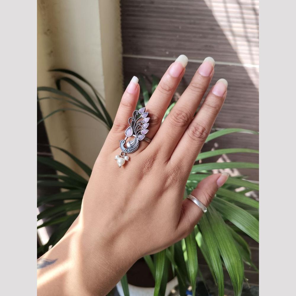 Maharani Jewels Vintage Oxidised Pota Stone And Pearl Designer Ring