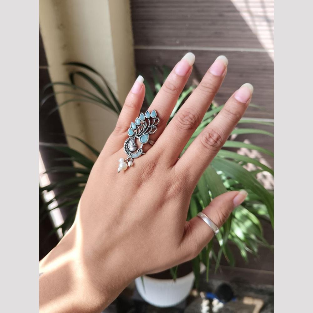 Maharani Jewels Vintage Oxidised Pota Stone And Pearl Designer Ring