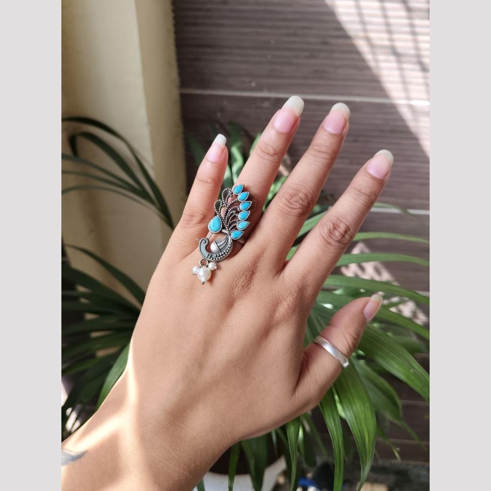 Maharani Jewels Vintage Oxidised Pota Stone And Pearl Designer Ring