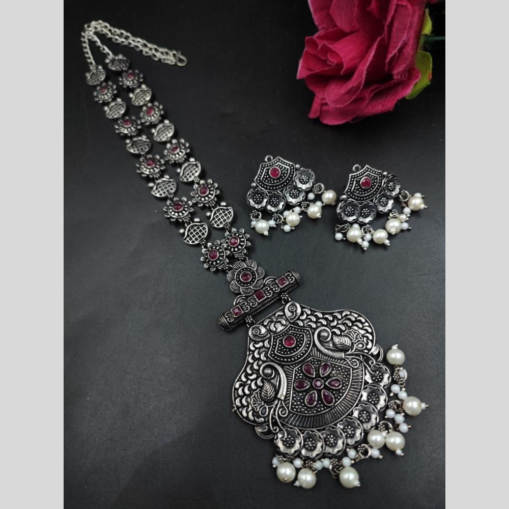 Maharani Jewels Oxidised Plated Heritage Pota Stone Pearl Long Necklace Set
