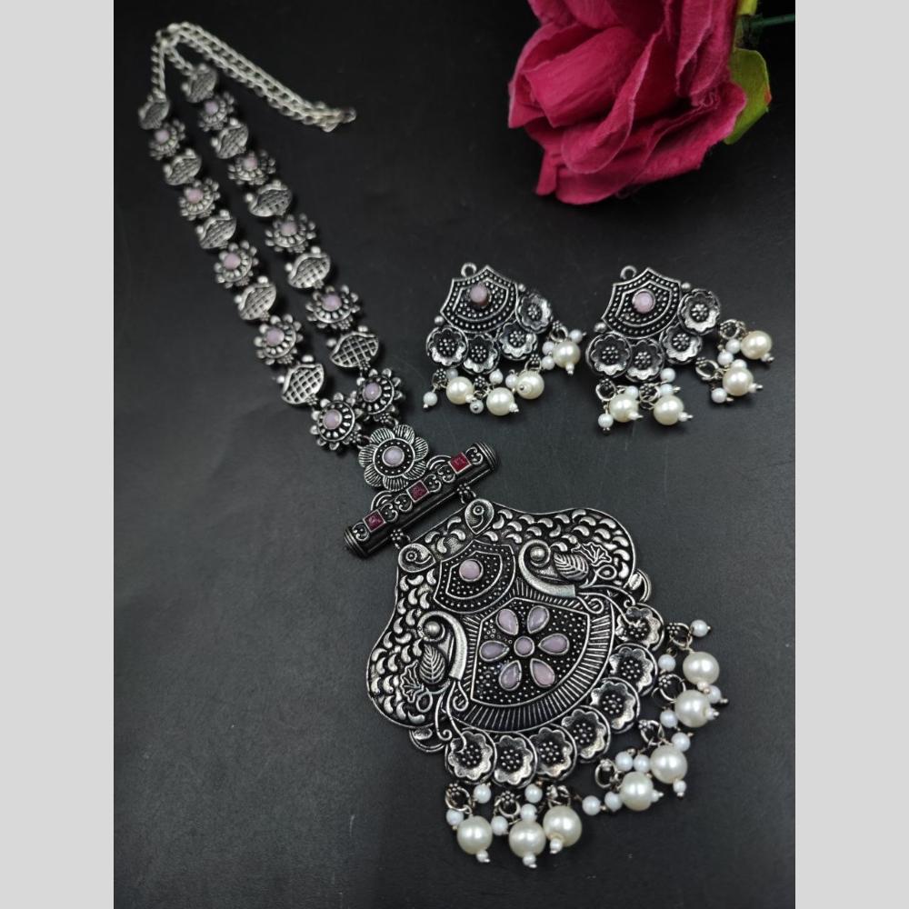 Maharani Jewels Oxidised Plated Heritage Pota Stone Pearl Long Necklace Set