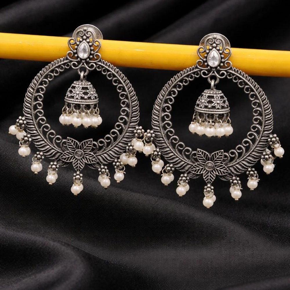 Maharani Jewels Oxidised Plated Grace Pota Stone And Pearl Jhumki Earrings