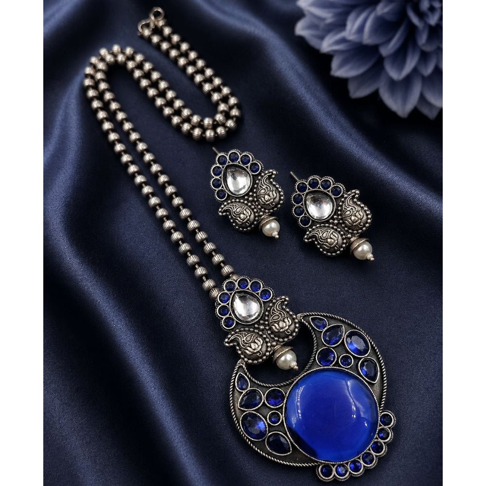 Maharani Jewels Oxidised Plated Pota Stone Long Necklace Set