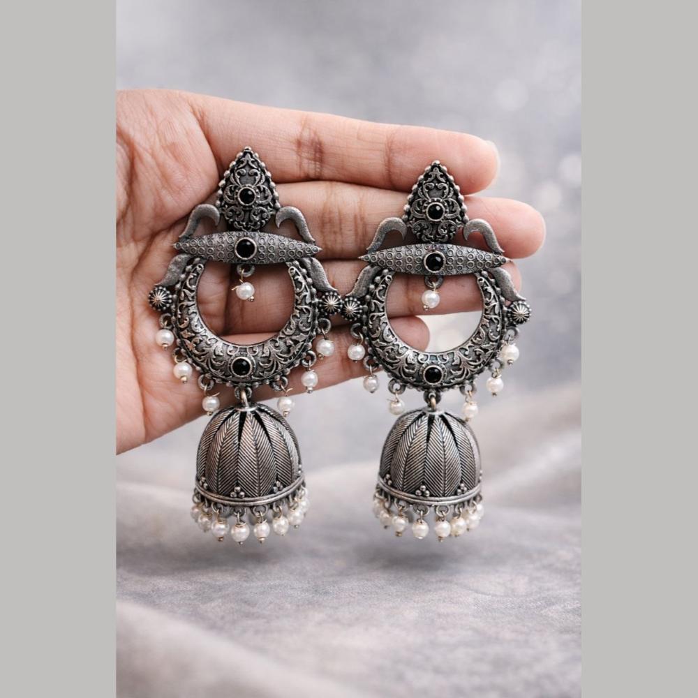 Maharani Jewels Heritage Oxidised Plated Pota Stone Pearl Jhumki Earrings