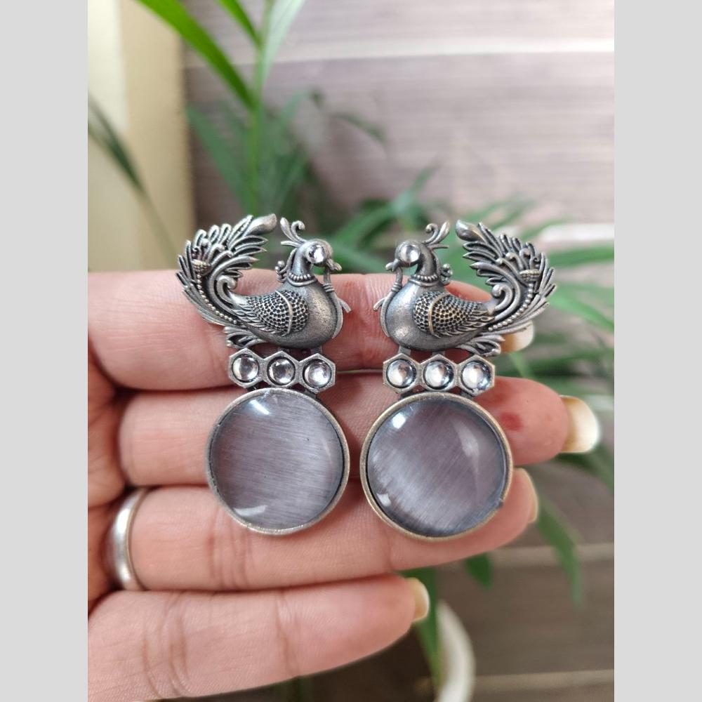 Maharani Jewels Inspired Oxidised Plated Pota And Pearl Detailing Bird Dangler Earrings