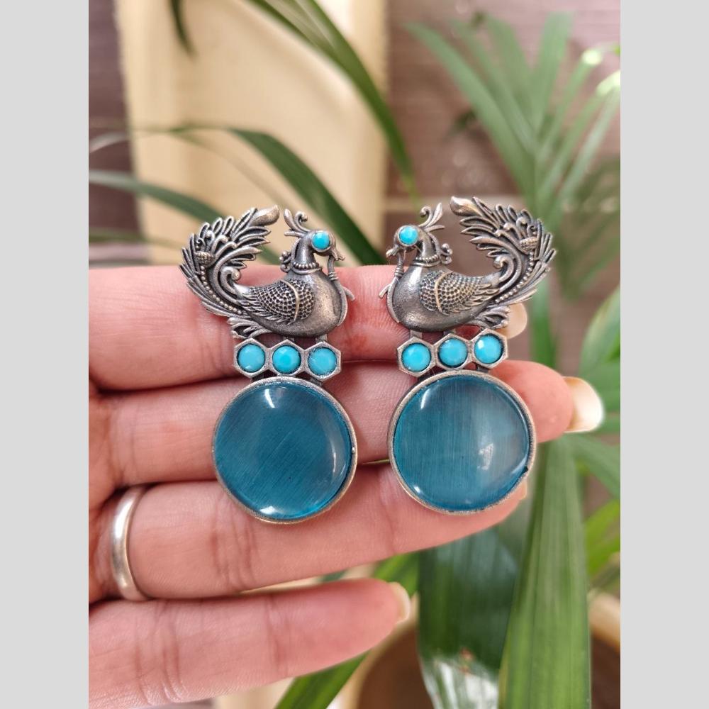 Maharani Jewels Inspired Oxidised Plated Pota And Pearl Detailing Bird Dangler Earrings