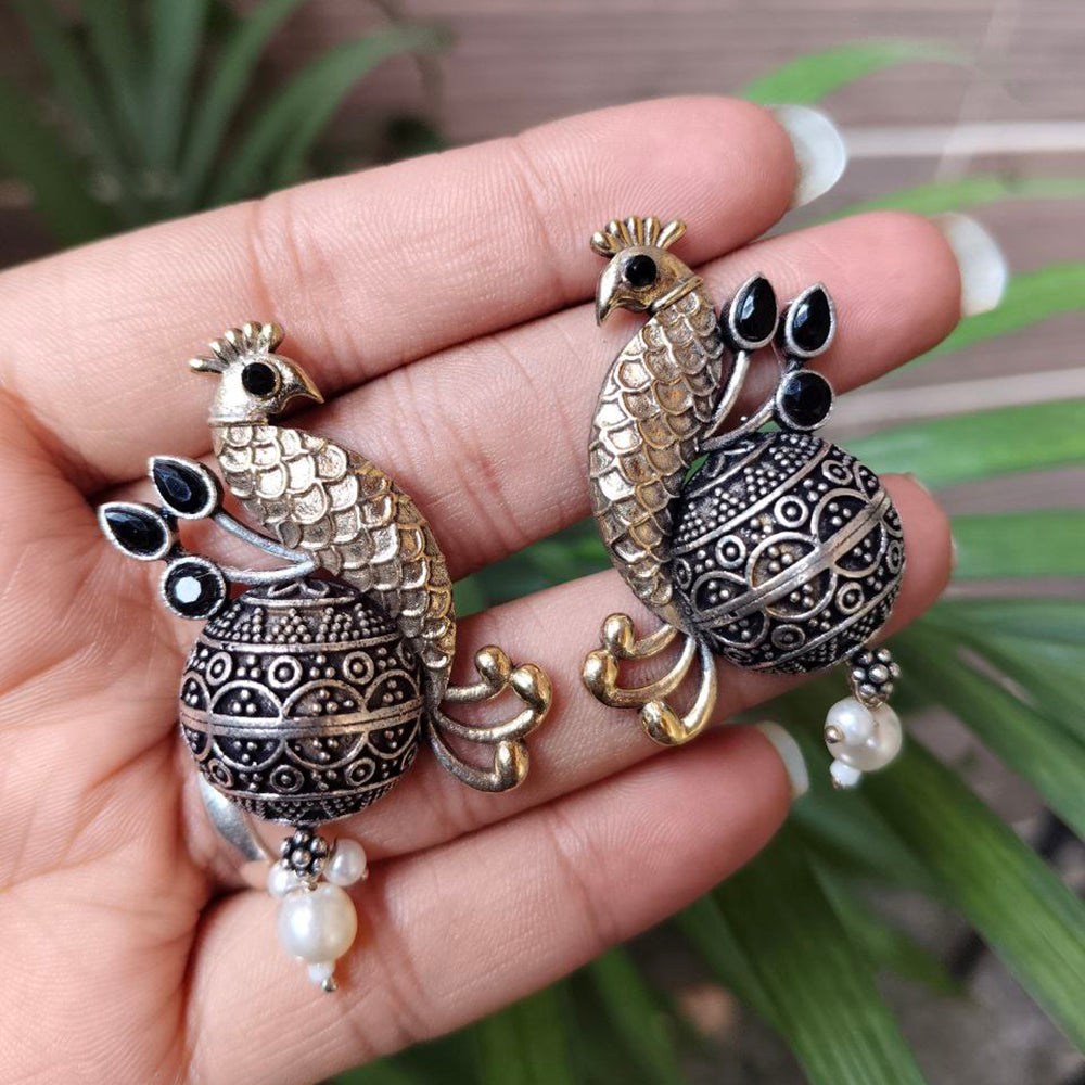 Maharani Jewels Inspired Oxidised Plated Pota And Pearl Detailing Peacock Dangler Earrings