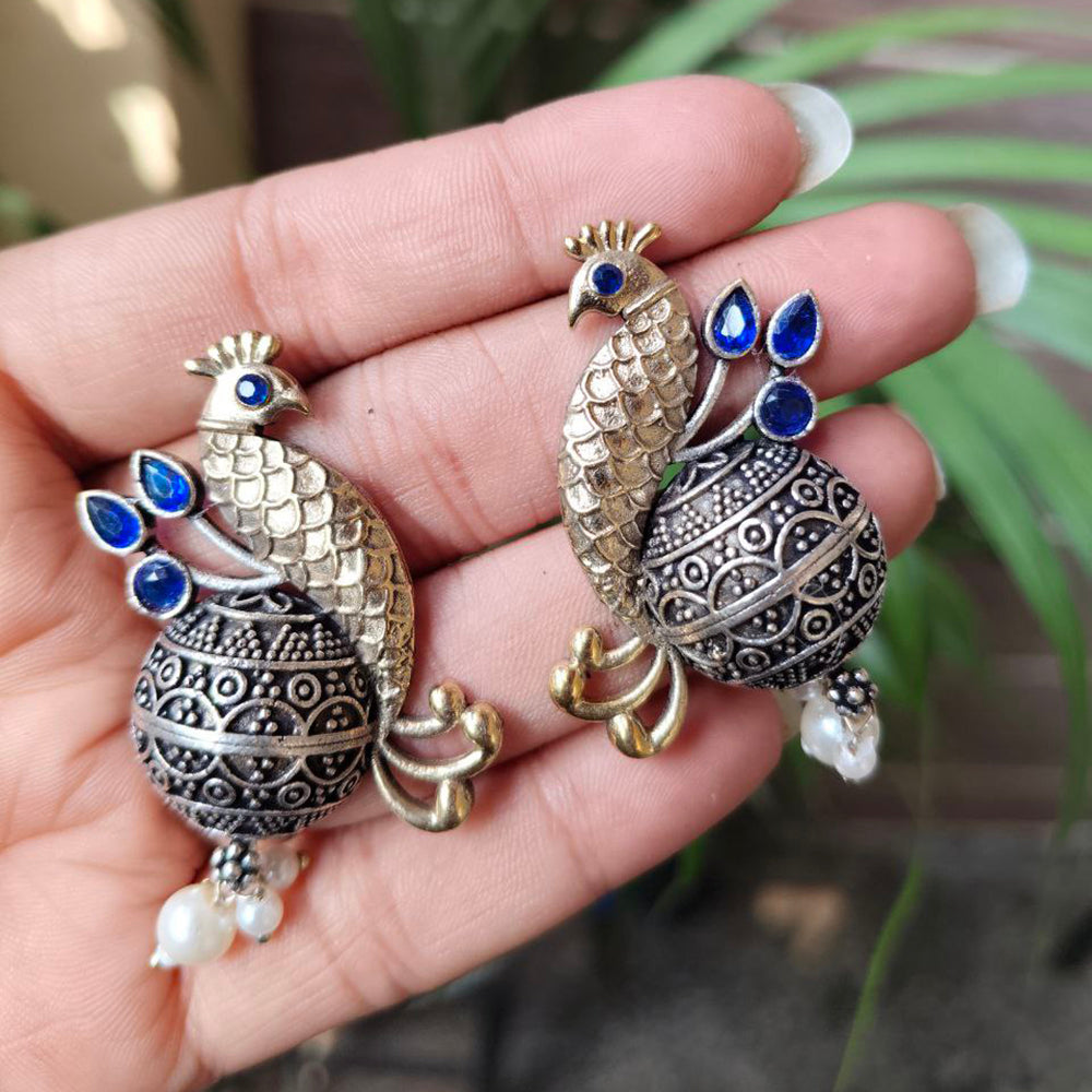 Maharani Jewels Inspired Oxidised Plated Pota And Pearl Detailing Peacock Dangler Earrings