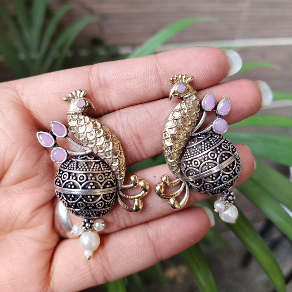 Maharani Jewels Inspired Oxidised Plated Pota And Pearl Detailing Peacock Dangler Earrings