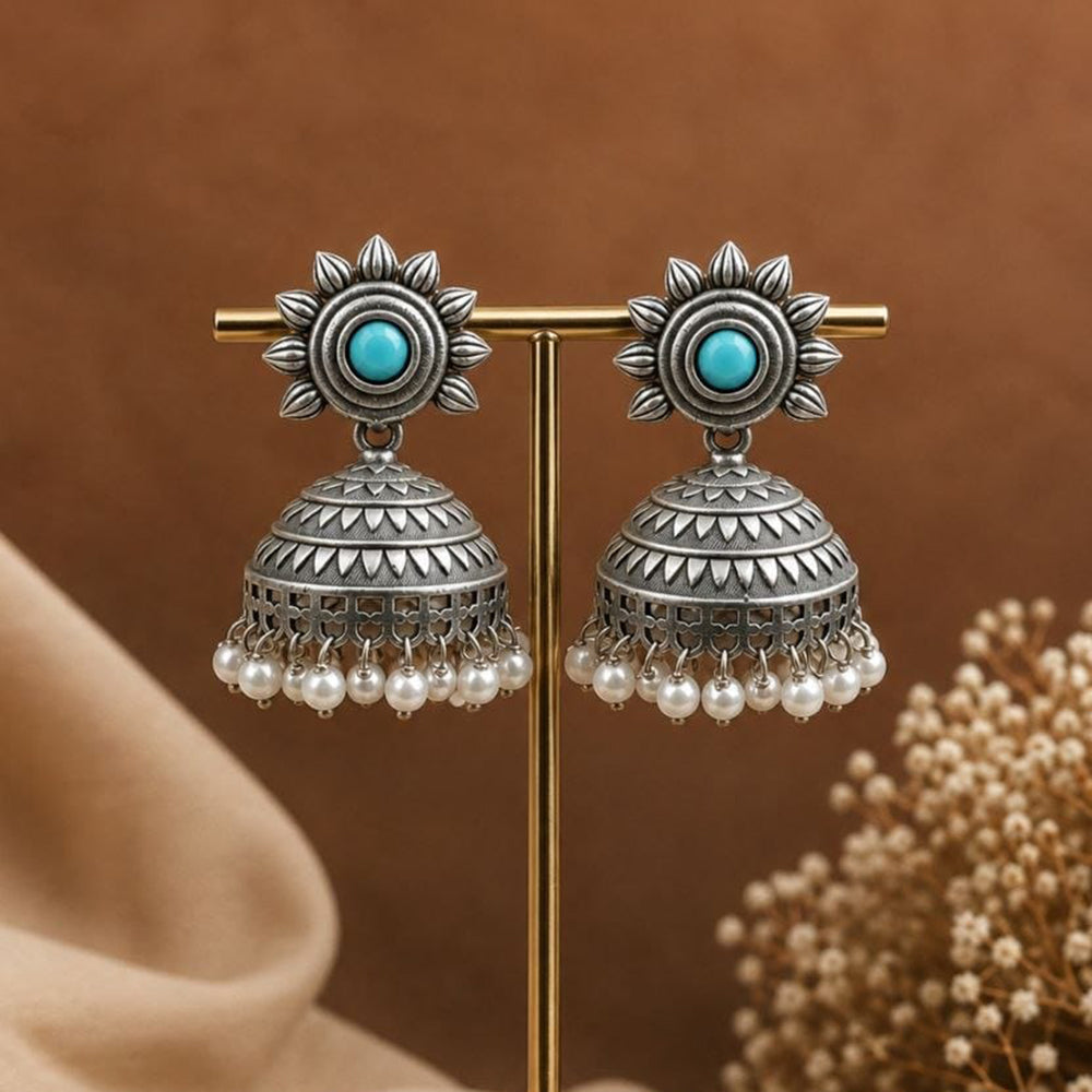 Maharani Jewels Inspired Oxidised Plated Pota Stone And Pearl Jhumki Earrings