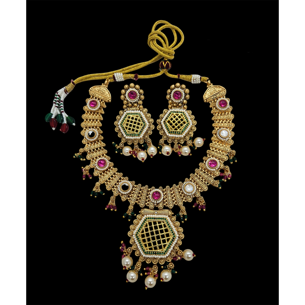 Nakoda Jewels Brass Copper Gold Plated Pota Stone And Pearls Necklace Set