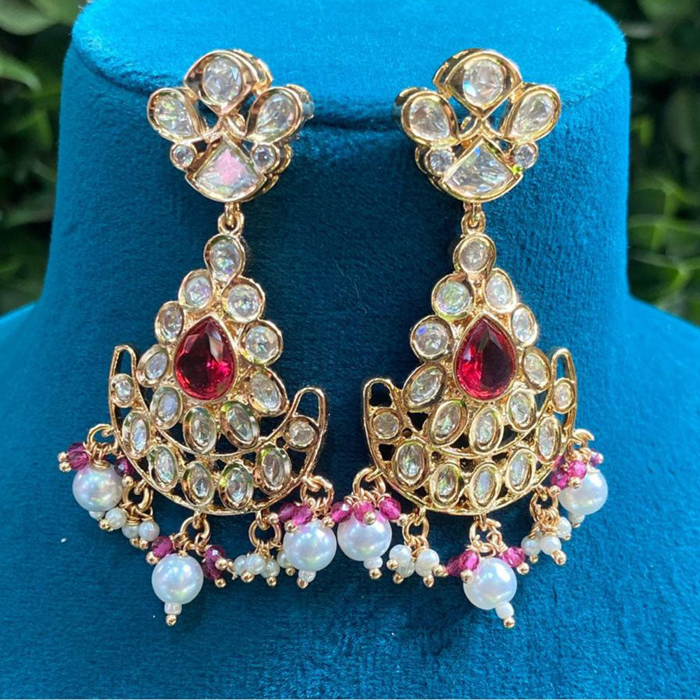 Royal Kundan Jewellery Gold Plated Crystal Stone And Pearls Dangler Earrings