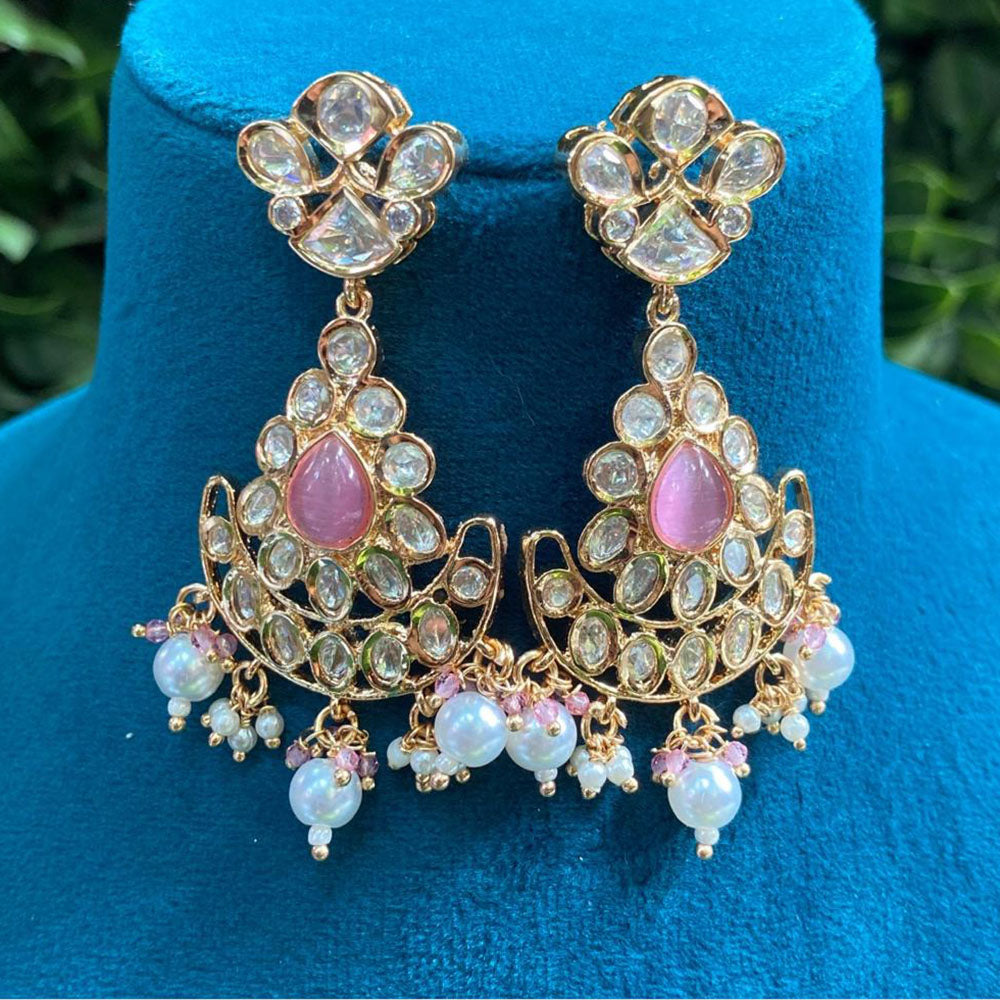 Royal Kundan Jewellery Gold Plated Crystal Stone And Pearls Dangler Earrings